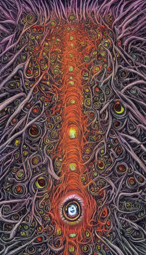 Image similar to a storm vortex made of many demonic eyes and teeth over a forest, by alex grey,