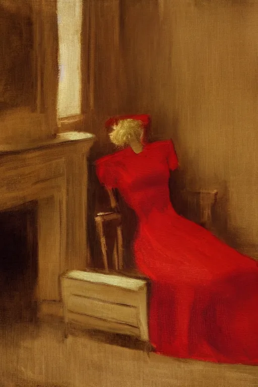 Image similar to an empty red dress laid across a chair in a dark victorian era room. in the style of american impressionism painting.