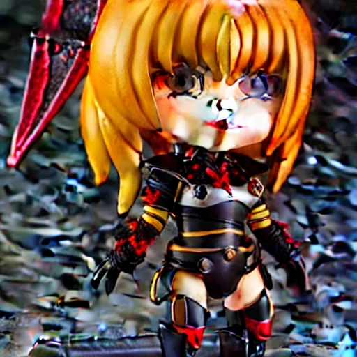 Prompt: photograph of cute bee nendoroid with themed black armor with crimson metal wings, portrait, hyperdetailed, artstation, cgsociety, 8 k, by tangerine dream