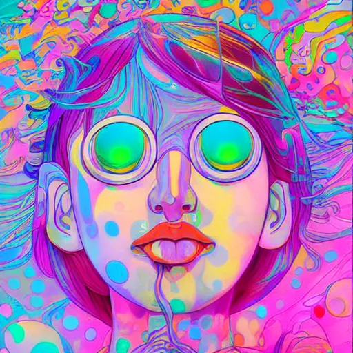 Image similar to a psychedelic portait of a girl by takashi murakami,, beeple and james jean, aya takano color style, 4 k, super detailed, night sky, digital art, digital painting, celestial, majestic, colorful