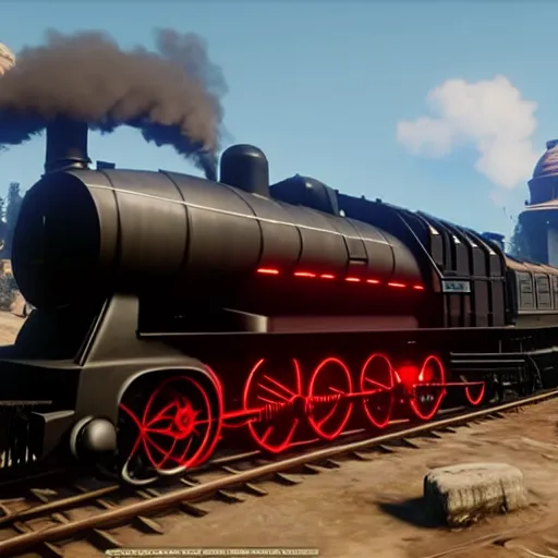 Image similar to futuristic sleek steam locomotive in red dead redemption 2