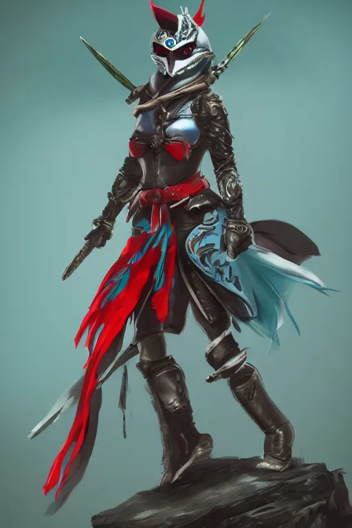 Image similar to female adventurer in tight full - body teal leather armor of japanese design with red accents and a white porcelain crow mask, trending in artstation, japanese, establishing shot