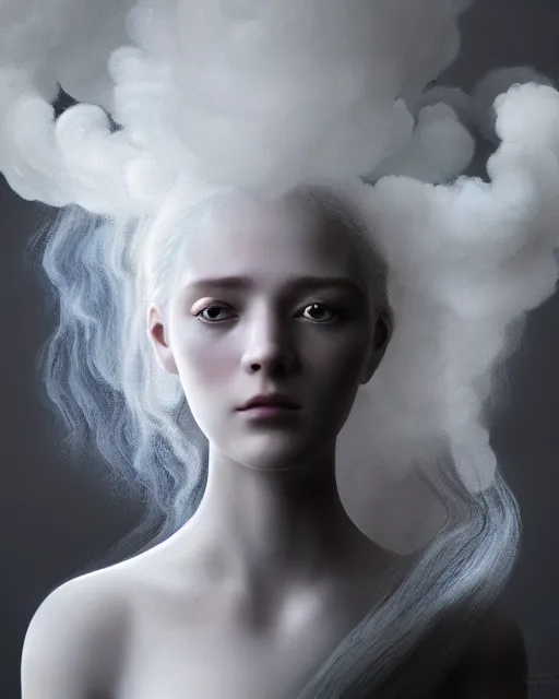 Image similar to delicate, dreamy, feminine, subsurface scattering, white, young beautiful robot - cyborg in cosmos long white hair floating in air, fluid smoke art, black and white, octane render, dino valls, mark ryden, joe fenton, michal karcz, highly detailed, rim light, art, cinematic lighting, very coherent, hyper realism, 8 k