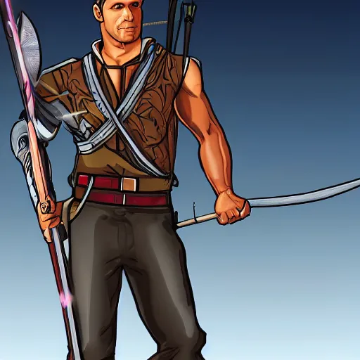 Image similar to archer in fix costume shooting at giant computer, hd, digital art