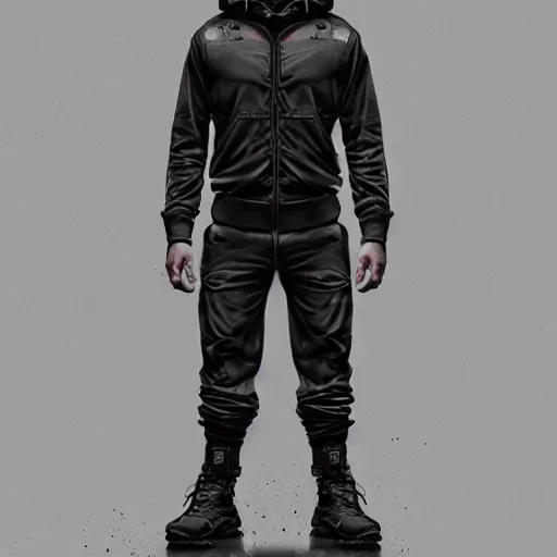 Image similar to A broad shouldered, muscular man in a Acronym Riot Division Nike techwear outfit, Acronym P31-ds pants, trending on r/techwearclothing, high quality, digital art, cyberpunk city, Summer, greg rutkowski