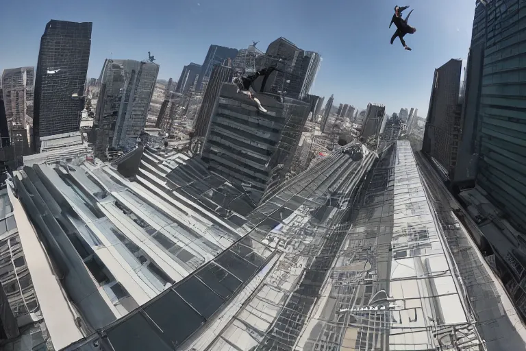 Prompt: first person perspective pov of parkour at high buildings