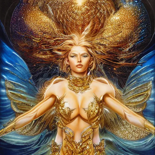 Image similar to full muscular body made of diamonds , golden feathers ,thunder, shining light, nebulas, god rays by Karol Bak, Ayami Kojima, Amano and Olivier Ledroit