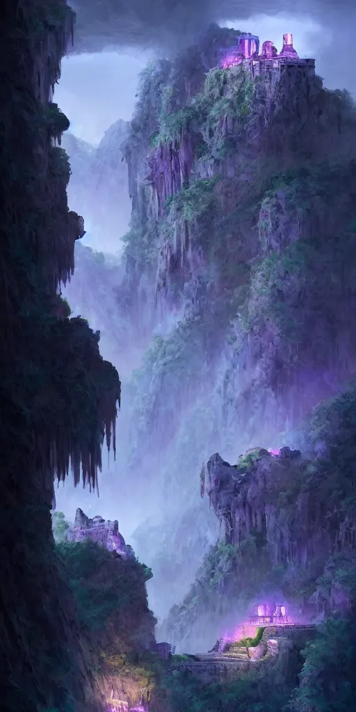 Image similar to Gorge in the mountain, white stone temple ruins, night dramatic lighting, blue and purple tones, wide camera angle, matte painting, trending on ArtStation, concept art, delightful surroundings, high detail, sharp contrast, picturesque