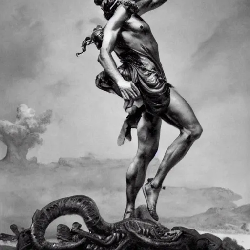 Image similar to bismuth by max dupain, by adolf hiremy - hirschl playful, fine. a digital art of hercules after he has completed one of his twelve labors, the killing of the hydra. he is standing over the dead hydra, covered in blood clutching a sword that slew the beast. his face is expressionless.