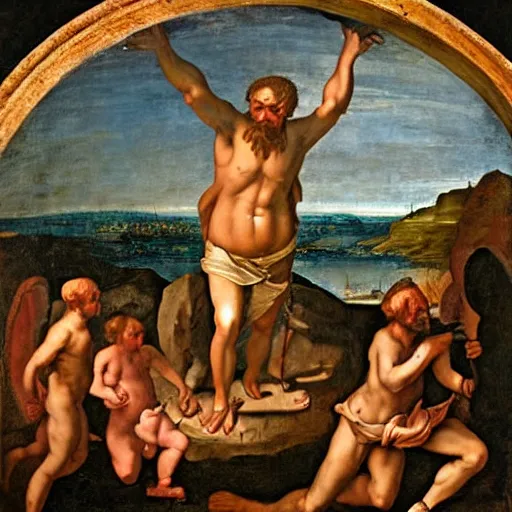 Image similar to renaissance painting of the cyclops-giant Polyphemus emerging from his cave