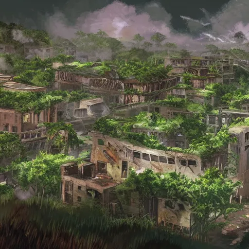 Image similar to Destroyed city, overgrown vegetation, surviving humans, blazing sky, game concept art, high detail