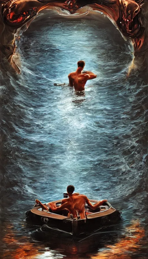 Prompt: man on boat crossing a body of water in hell with creatures in the water, sea of souls, by rob hefferan