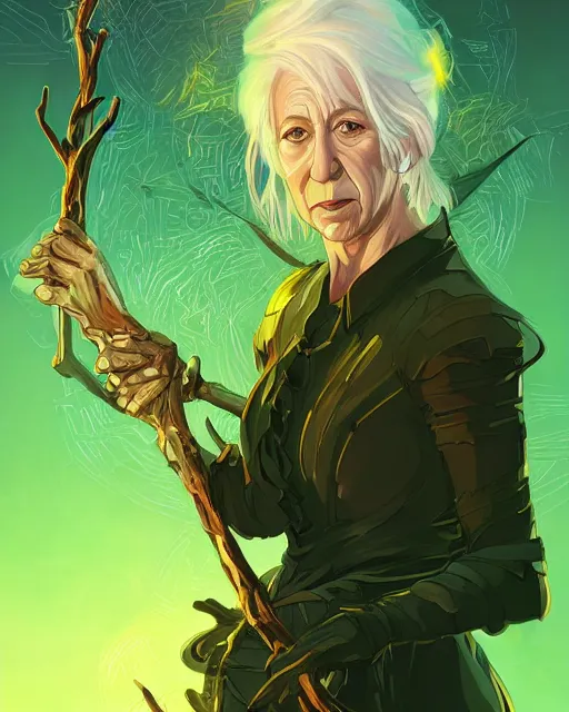 Image similar to a white-haired witch holding a gnarled staff, helen mirren, wisdom of the ages, glowing iridescent accents, digital apex legends illustration portrait, gorgeous lighting, wide angle action dynamic portrait, art by Josan Gonzalez, bright colors, green and gold palette, high contrast