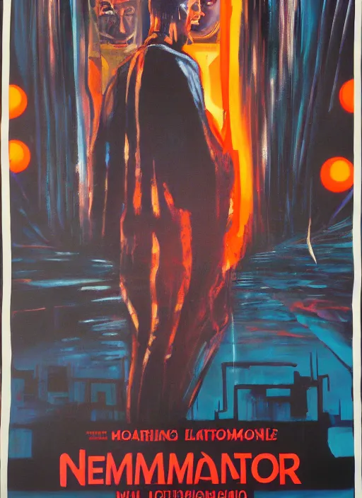 Image similar to 1 9 8 3 movie poster for neuromancer. oil on canvas. print.