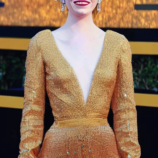 Image similar to A full body shot of Emma Stone wearing a golden Arabian crown , royality, high quality, fully detailed, 4k