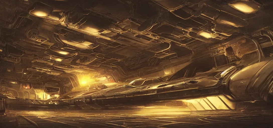 Image similar to realistic cinematic sci - fi mothership interior or exteror - machinery, tubes wires path matte painting masterpiece warm tones quiet