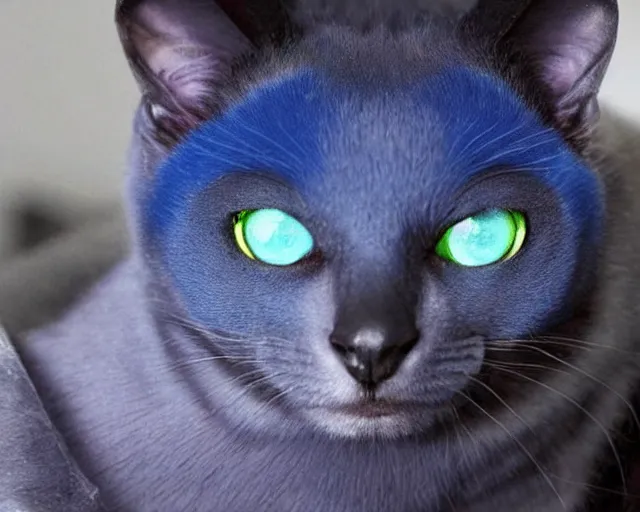 Image similar to a blue - and - black male blue / green heterochromatic catbat fursona with blue / green heterochromatic eyes ( one eye green ) and huge bat ears, photo of the catbat streaming on his computer