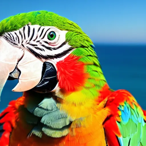 Prompt: A parrot carrying a septor over the ocean, frontal view, bokeh, sunny day, closeup