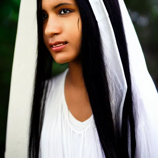 Image similar to young iraqui woman with long black straight hair, white dress