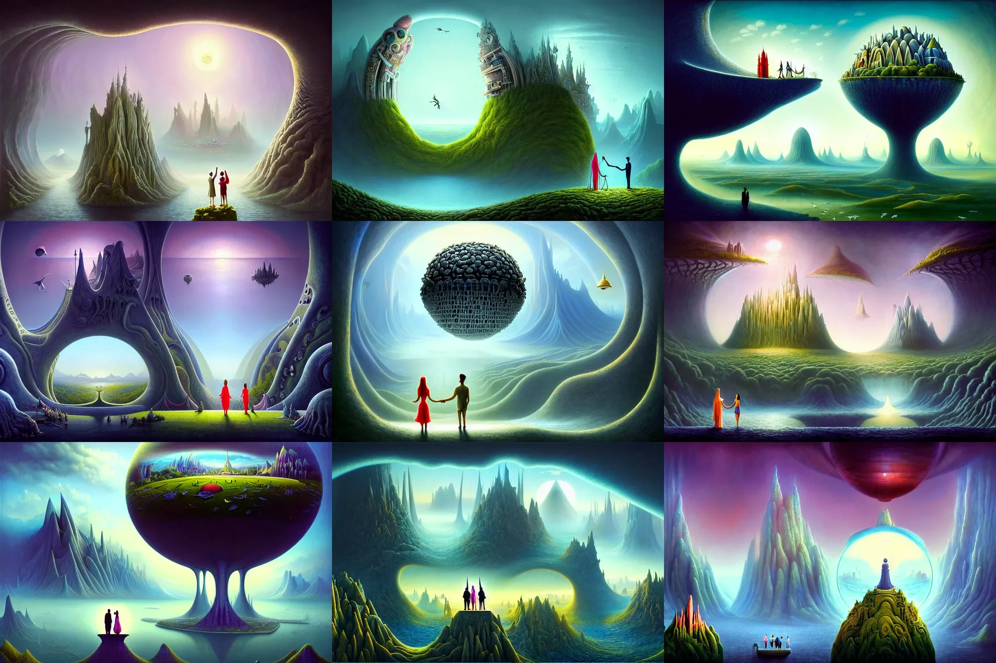 Prompt: a beautiful epic stunning amazing and insanely detailed matte painting of alien dream worlds with surreal architecture designed by Heironymous Bosch, a couple holds hands watching the landscape, mega structures inspired by Heironymous Bosch's Garden of Earthly Delights, vast surreal landscape and horizon by Cyril Rolando and Andrew Ferez, rich pastel color palette, masterpiece!!, grand!, imaginative!!!, whimsical!!, epic scale, intricate details, sense of awe, elite, fantasy realism, complex composition, 4k, 8k, HD, wallpaper, octane render, artstation
