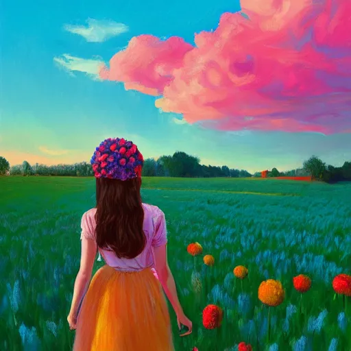 Image similar to girl with a giant carnation head, surreal photography, flower field, sunset dramatic light, impressionist painting, colorful clouds, blue sky, digital painting, artstation, simon stalenhag