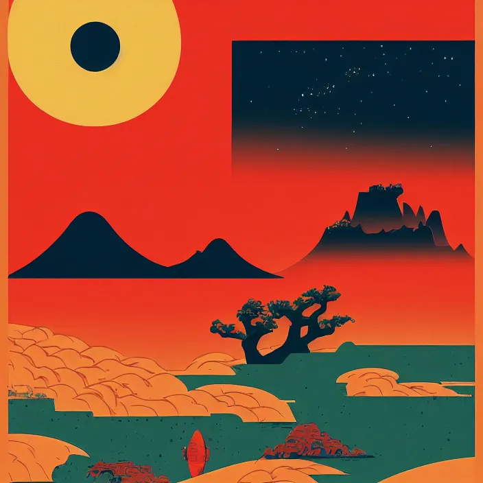 Prompt: a painting of a red landscape with a sun in the background, poster art by tom whalen, behance contest winner, space art, apocalypse landscape, ukiyo - e, synthwave