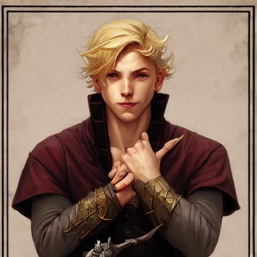 Image similar to an epic fantasy comic book style portrait painting of a young blonde boy thief, d & d, fantasy, joyful smirk, intricate, elegant, highly detailed, digital painting, artstation, concept art, matte, sharp focus, illustration, art by artgerm and greg rutkowski and alphonse mucha