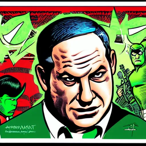 Image similar to Portrait of Benjamin Netanyahu as a green money superhero, by Jim Lee, Jack Kirby, highly detailed, clean, wallpaper