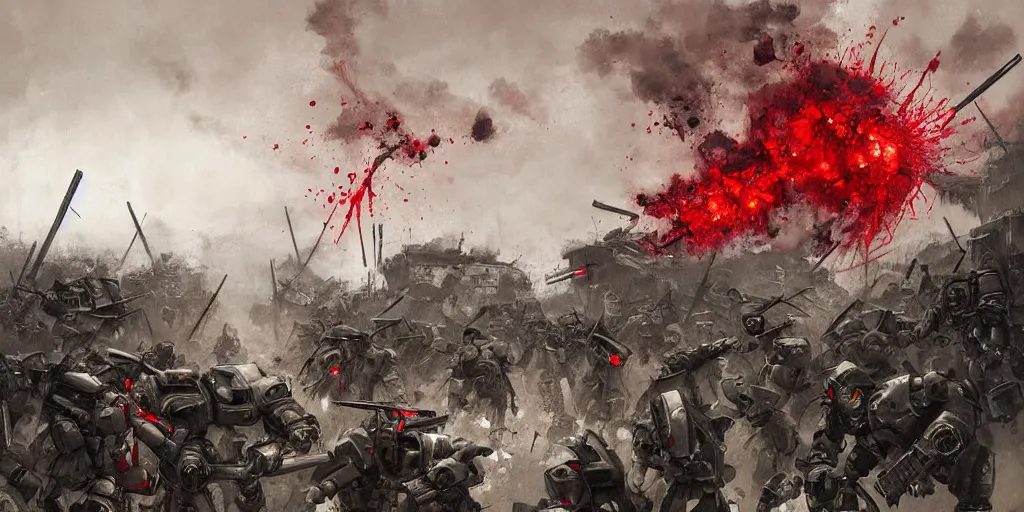 Prompt: demonic samurai robot slaughtering french soldiers and civilians in the interbellum paris, very detailed painting, concept art, intense heavy street battle, pile of bodies, a lot of blood on the streets, art by jakub rozalski