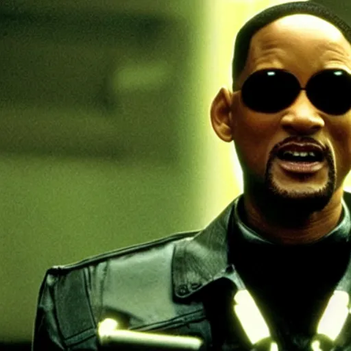 Prompt: movie still of will smith as neo in the matrix