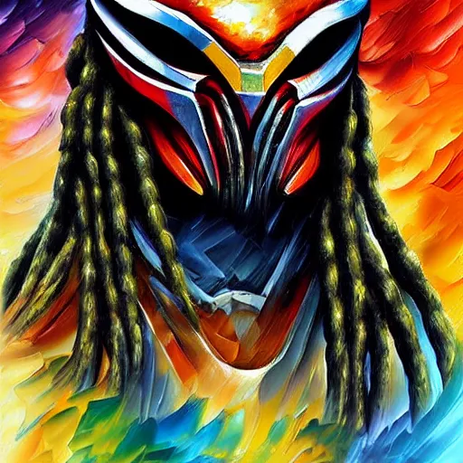 Image similar to digital painting of The Predator by Leonid Afremov, dreadlocks, alien helmet and armor