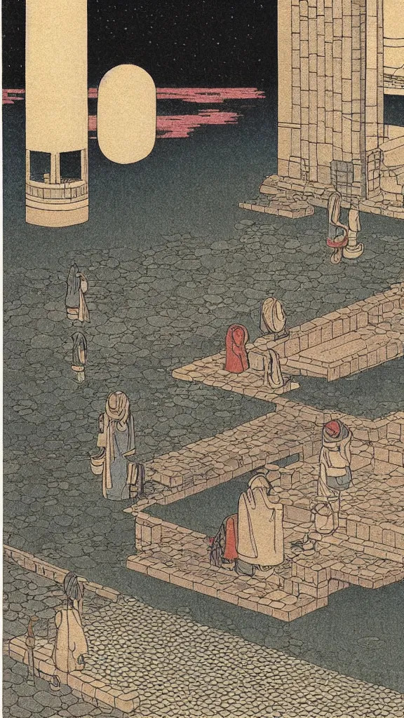 Image similar to a beautiful ancient bathhouse with a bathing alien creature at midnight by hasui kawase