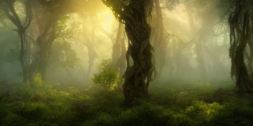 Prompt: a highly detailed digital painting of a luscious fantasy forest, volumetric lighting, atmospheric fog, 8 k render