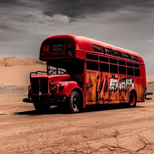 Prompt: photo of a red bus in desert, mad max fury road style