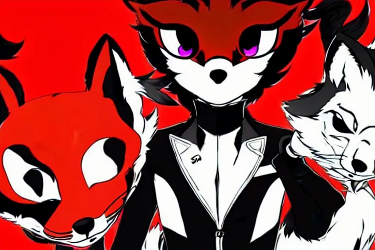 Image similar to a furry tan male fox on a persona 5 : royal ( by atlus ) video game splash screen, a furry male sandcolored tan fox fursona ( has hair ), persona 5 phantom thief style