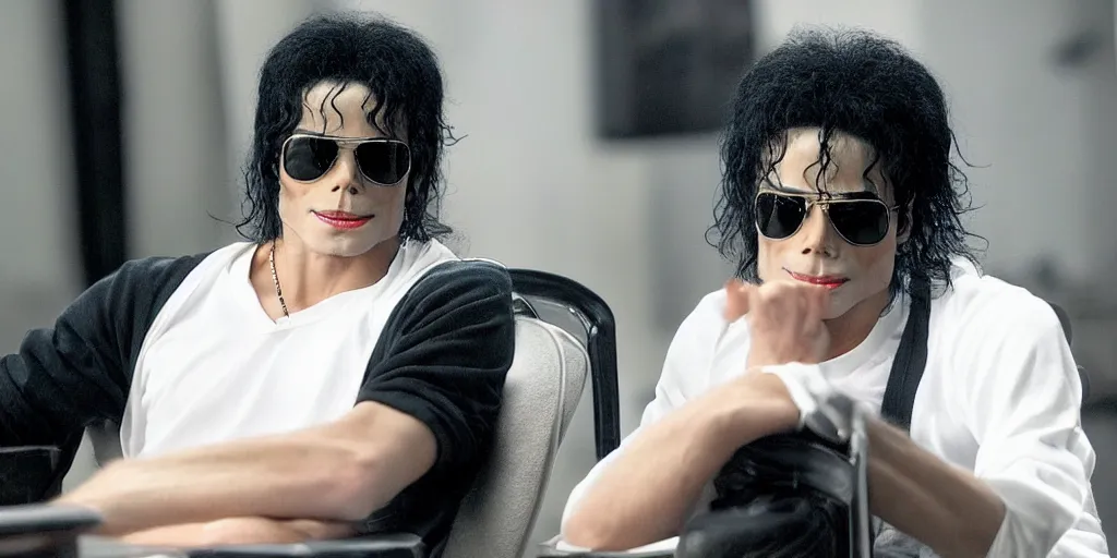 Image similar to michael jackson 2 0 0 9 wearing shades, alone, this is it style, photo real, skin, motion blur, sitting in a chair, by himself, real life, spotted, leaked, ultra realistic face, accurate, 4 k, movie still, uhd, sharp, detailed, cinematic, render, modern