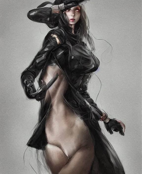 Image similar to photorealistic portrait of a beautiful half cyborg woman with a mischievous look, the half cyborg woman is wearing a long trench coat, in an underground parking garage, in the style of Artgerm and NeoArtCorE, dark mood