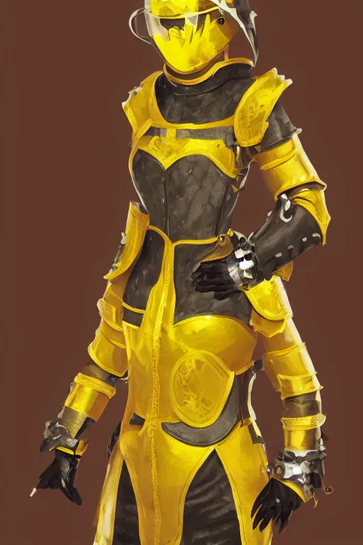 Image similar to female adventurer in tight full - body canary yellow gambeson leather armor of italian design with diamond pattern and black accents and a closed armet helmet, trending in artstation, establishing shot