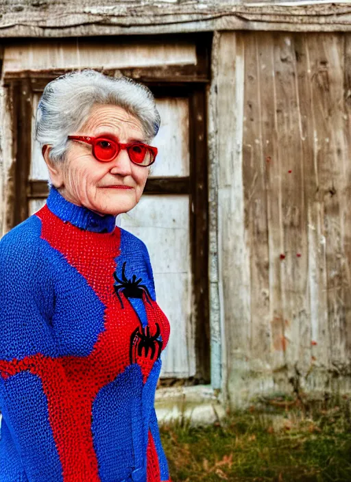 Prompt: stunning photograph of ( ( ( ( granny spiderman ) ) ) ) in rural russia town, knitted red blue suit, closeup, dynamic pose, closeup, aperture 1. 2