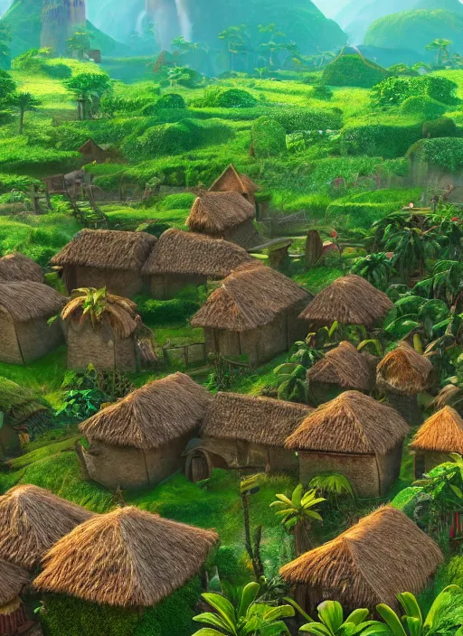 Prompt: subsurface scattering, medieval village in the middle of lush forest, from the live action film moana 4 k quality super realistic, cinematic lighting, 8 k