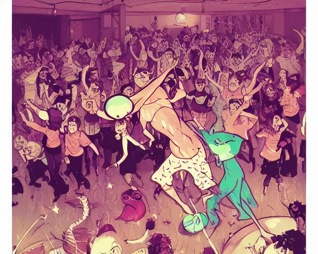 Image similar to a study of cell shaded cartoon of fairies raving in a nightclub, illustration, wide shot, subtle colors, post grunge, concept art by josan gonzales and wlop, by james jean, Victo ngai, David Rubín, Mike Mignola, Laurie Greasley, highly detailed, sharp focus, alien, Trending on Artstation, HQ, deviantart, art by artgem