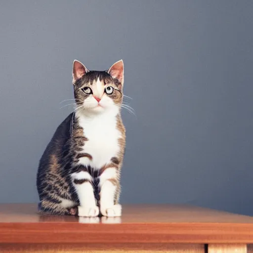 Image similar to A portrait of an attractive little kitty sitting on a table, beautiful bone structure,symmetrical facial features,elegant,highly detailed,illustration