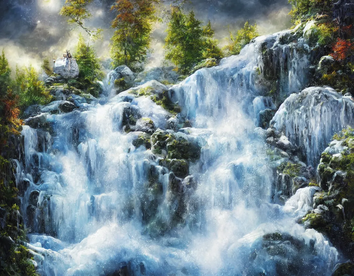 Prompt: hyper realistic oil painting of little sphere planet frozen, with waterfall, floating in the air, hd, hdr, by stanisław wyspianski, ultra detailed, high resolution