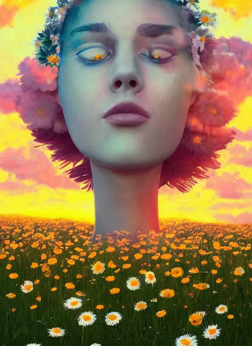 Image similar to portrait of a woman, head made of giant daisies, in a flower field, surreal photography, sunset dramatic light, impressionist painting, colorful clouds, large sky, digital painting, artstation, simon stalenhag