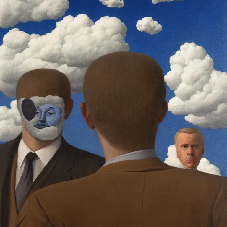 Image similar to portrait of a man made out of clouds in a suit, face hidden by clouds, by rene magritte, detailed painting, hd, hq, high resolution, high detail, 4 k, 8 k