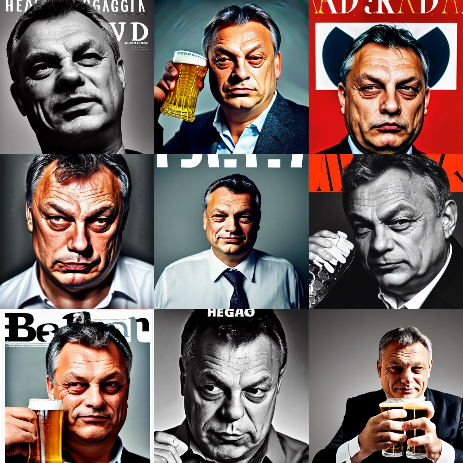 Prompt: headshot magazine cover photo of viktor orban winking with beer, close - up on face, detailed eyes, furrowed eyebrows, peter lindbergh, studio lighting