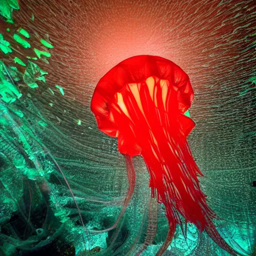 Image similar to a beautiful translucent red cellophane jellyfish in a translucent cellophane kelp forest