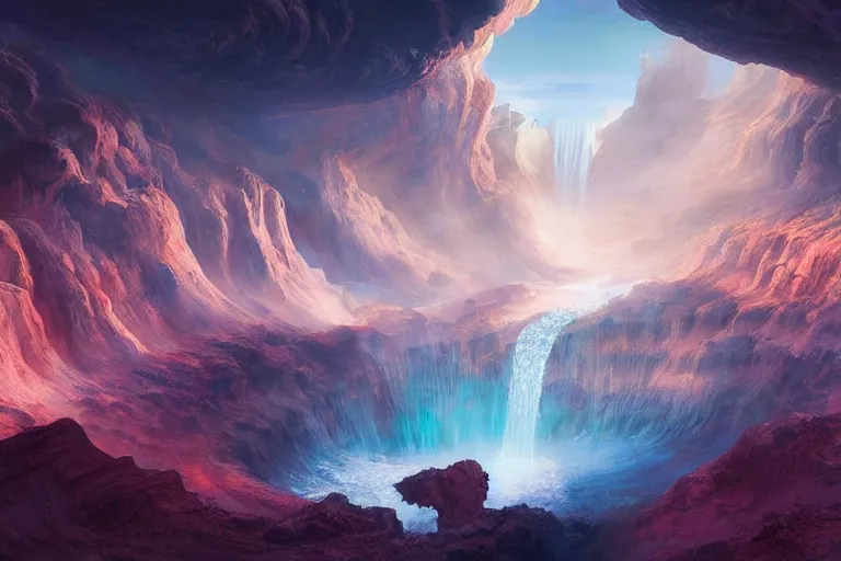 Image similar to Celestial majestic luxurios futuristic other worldly realm with Singaporean royal gold lush volcano, intense volcanic eruption, set on chic Antelope Canyon with white thermal waters flowing down pink travertine terraces, relaxing, ethereal and dreamy, thunderstorms and multiversal tornado, visually stunning, from Star Trek 2021, illustration, by WLOP and Ruan Jia and Mandy Jurgens and William-Adolphe Bouguereau, Artgerm