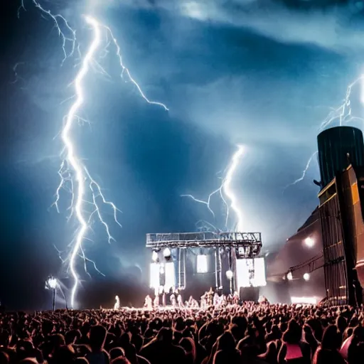 Prompt: rock concert in a city with a lightning bolt hitting the stage