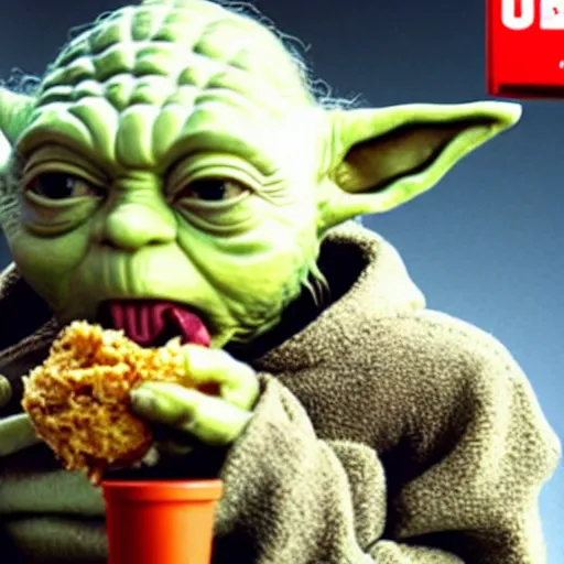 Image similar to A still of Yoda eating at KFC, 4k, photograph, ultra realistic, highly detailed, professional lighting